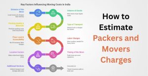 infographics showing packers and movers cost affecting factors, with text how to estimate packers and movers charges in India