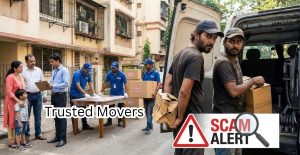 Trusted movers packing household items while a family supervises, contrasted with suspicious movers loading boxes into a van