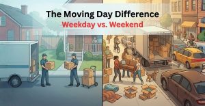 Illustration comparing weekday vs weekend moving day, showing a calm, organized move with few people on one side and a busy, crowded street with heavy traffic and multiple movers on the other.