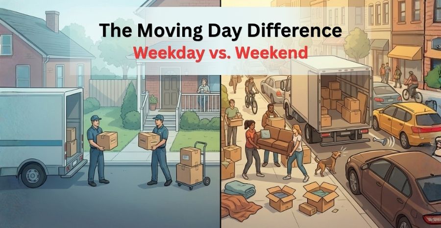 Illustration comparing weekday vs weekend moving day, showing a calm, organized move with few people on one side and a busy, crowded street with heavy traffic and multiple movers on the other.