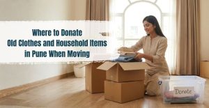 Woman packing old clothes into donation boxes at home with text about where to donate clothes and household items in Pune when moving.
