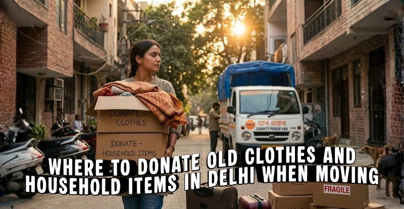 Woman holding boxes labeled “donate clothes” and “household items” on a Delhi street with a charity van in the background, representing donating items while moving.