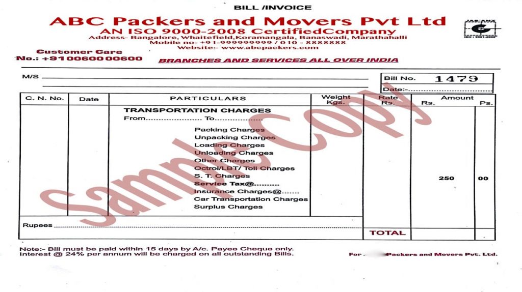 Packers and Movers Bill for Claim Original Bill for Movers and Packers