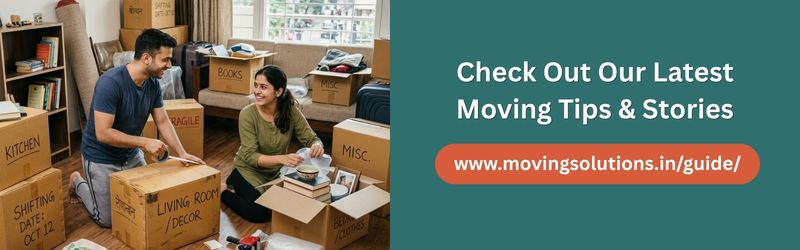 Couple packing household items into labeled cardboard boxes in a living room, promoting Moving Solutions moving tips and guide website.