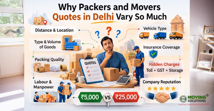 Infographic explaining why packers and movers prices in Delhi range from Rs. 5,000 to Rs. 25,000