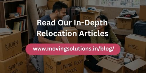 Two people packing household items into labeled boxes in a living room, with overlay text promoting relocation articles from movingsolutions.in/blog.