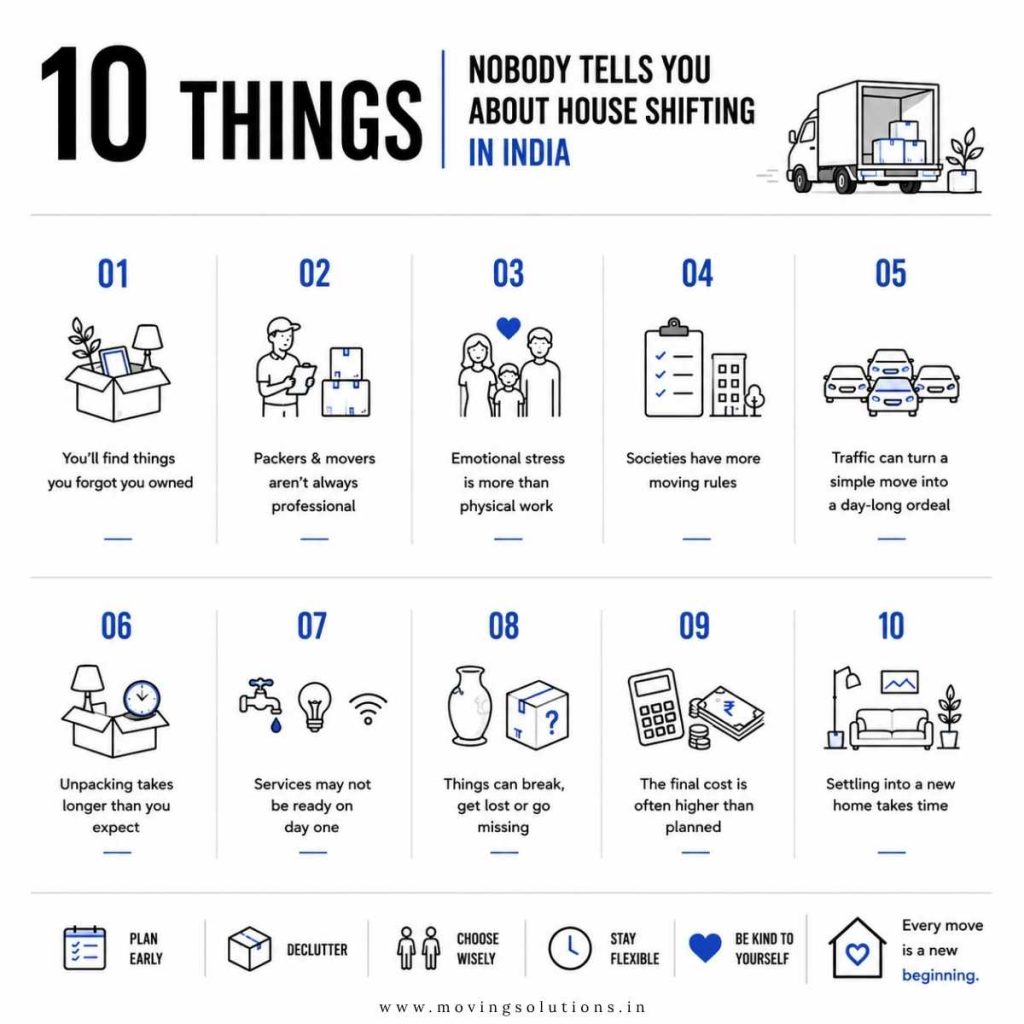 Infographic titled ‘10 Things Nobody Tells You About House Shifting in India’ summarizing hidden challenges like stress, delays, damage, extra rules, higher costs, and slow settling in.
