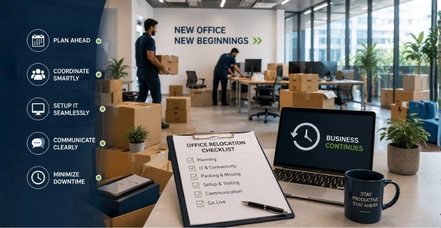 Office relocation checklist with workers packing boxes and tips to minimize business downtime