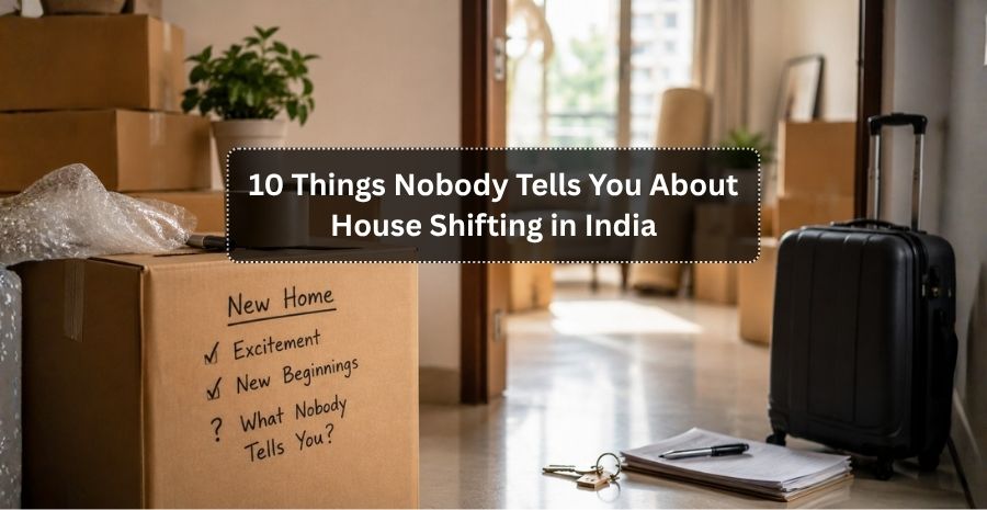House shifting in India with moving boxes, luggage, and relocation checklist in a new home